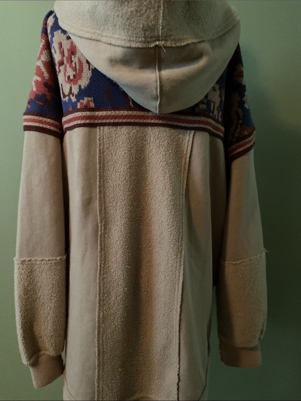 Free People Sherpa Hooded Patchwork Jacket in Beige, Blue & Rust - Picture 5 of 7